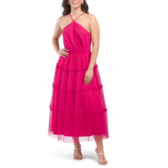 AIDAN BY ADRIANNA PAPELL Bright Rose Sleeveless Halter Tulle Skirt Dress - Picture 1 of 2